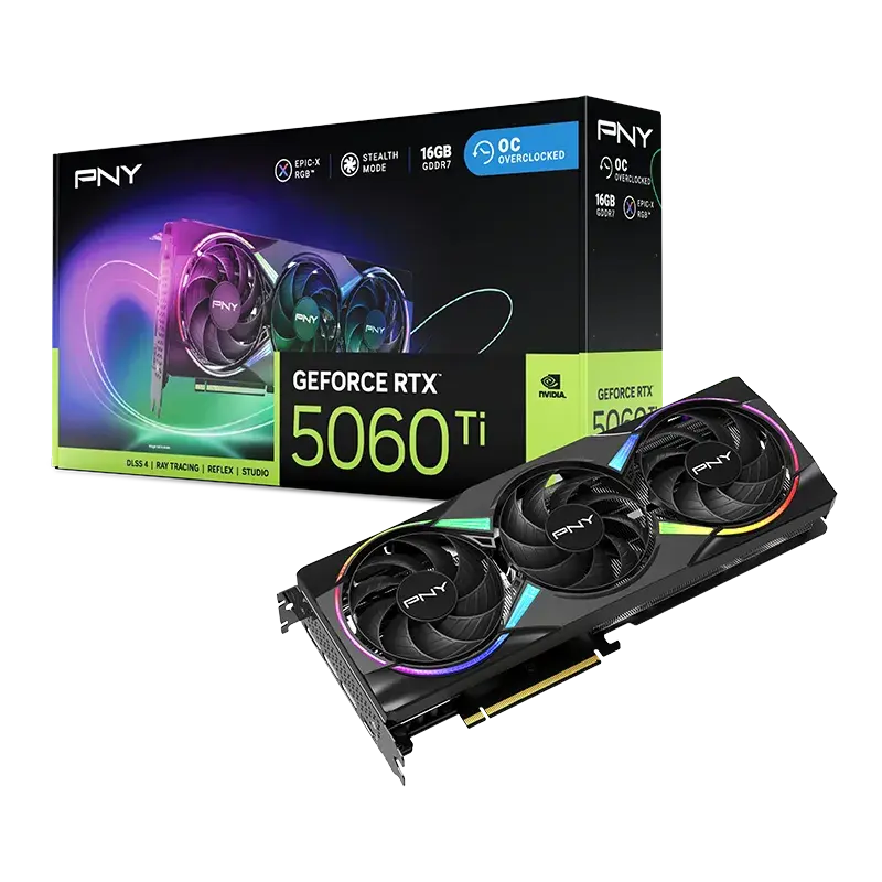 כרטיס מסך – PNY GeForce RTX 5060 Ti EPIC-X RGB™ Overclocked Triple Fan 16GB – צבע שחור