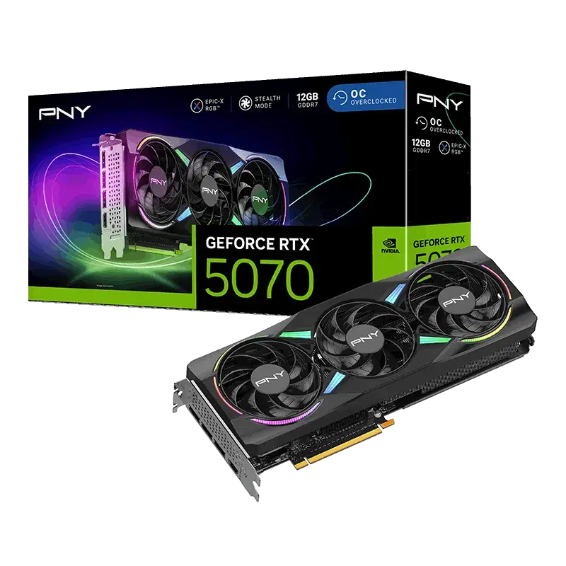 כרטיס מסך – PNY GeForce RTX 5070 ARGB EPIC-X RGB™ Overclocked Triple Fan 12GB – צבע שחור