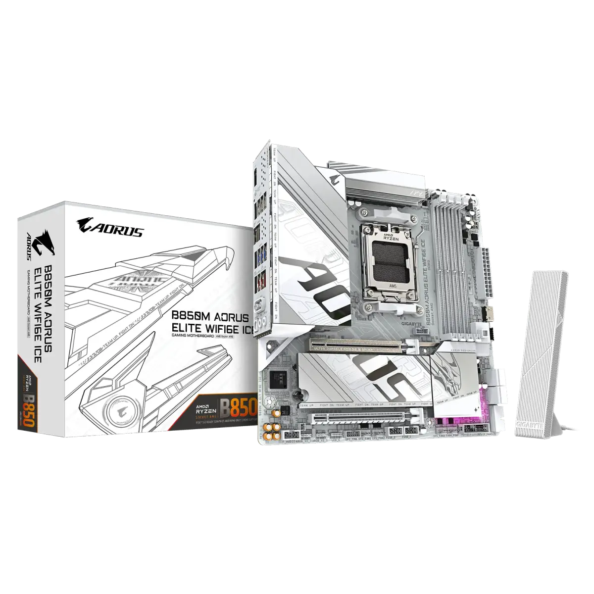 לוח אם – Gigabyte B850M AORUS ELITE WIFI6E ICE Micro-ATX AM5 DDR5 – צבע לבן