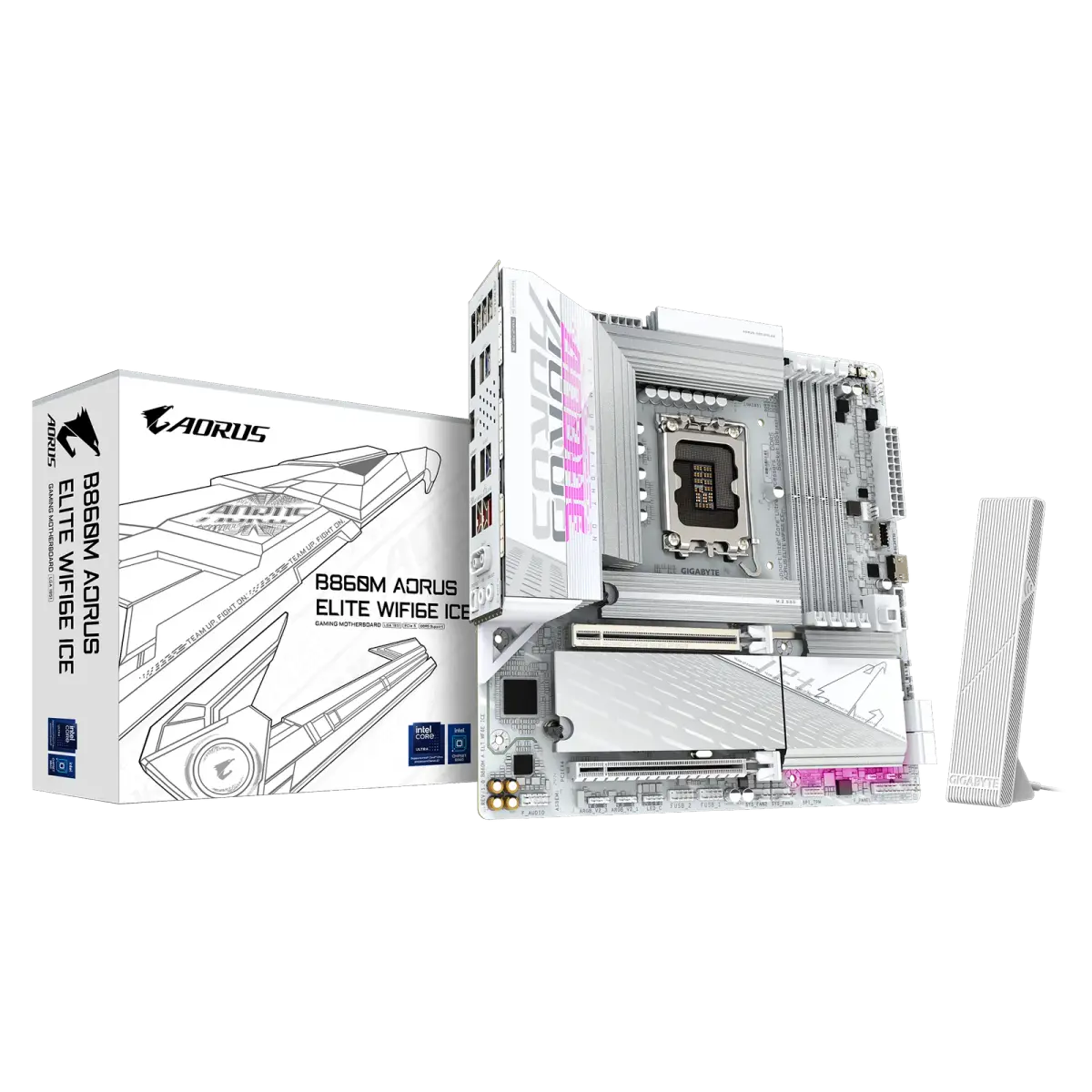 לוח אם – Gigabyte B860M AORUS ELITE WIFI6E ICE Micro-ATX LGA1851 DDR5 – צבע לבן