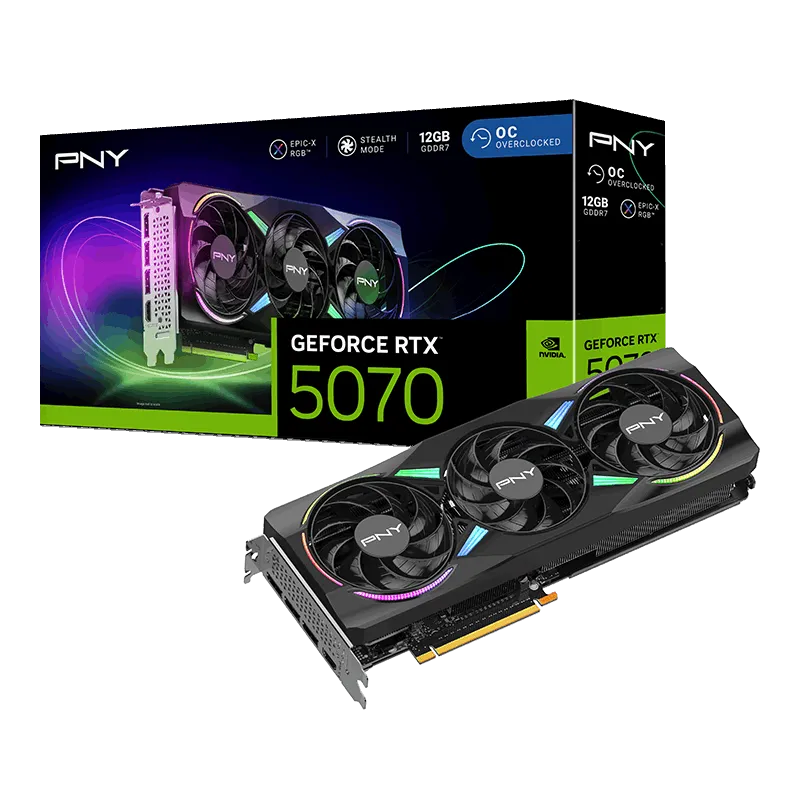 כרטיס מסך – PNY GeForce RTX 5070 ARGB EPIC-X RGB™ Overclocked Triple Fan 12GB – צבע שחור