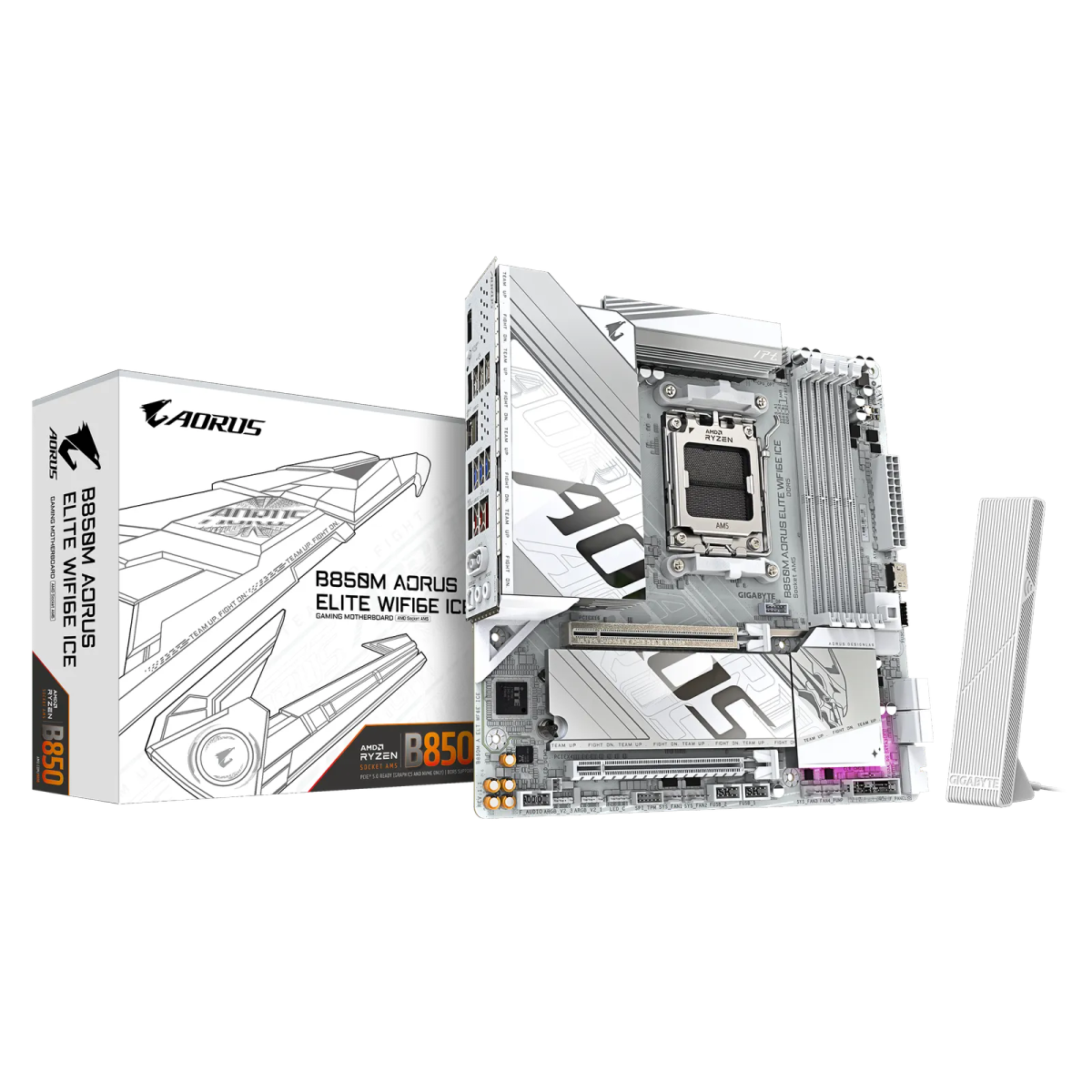 לוח אם – Gigabyte B850M AORUS ELITE WIFI6E ICE Micro-ATX AM5 DDR5 – צבע לבן