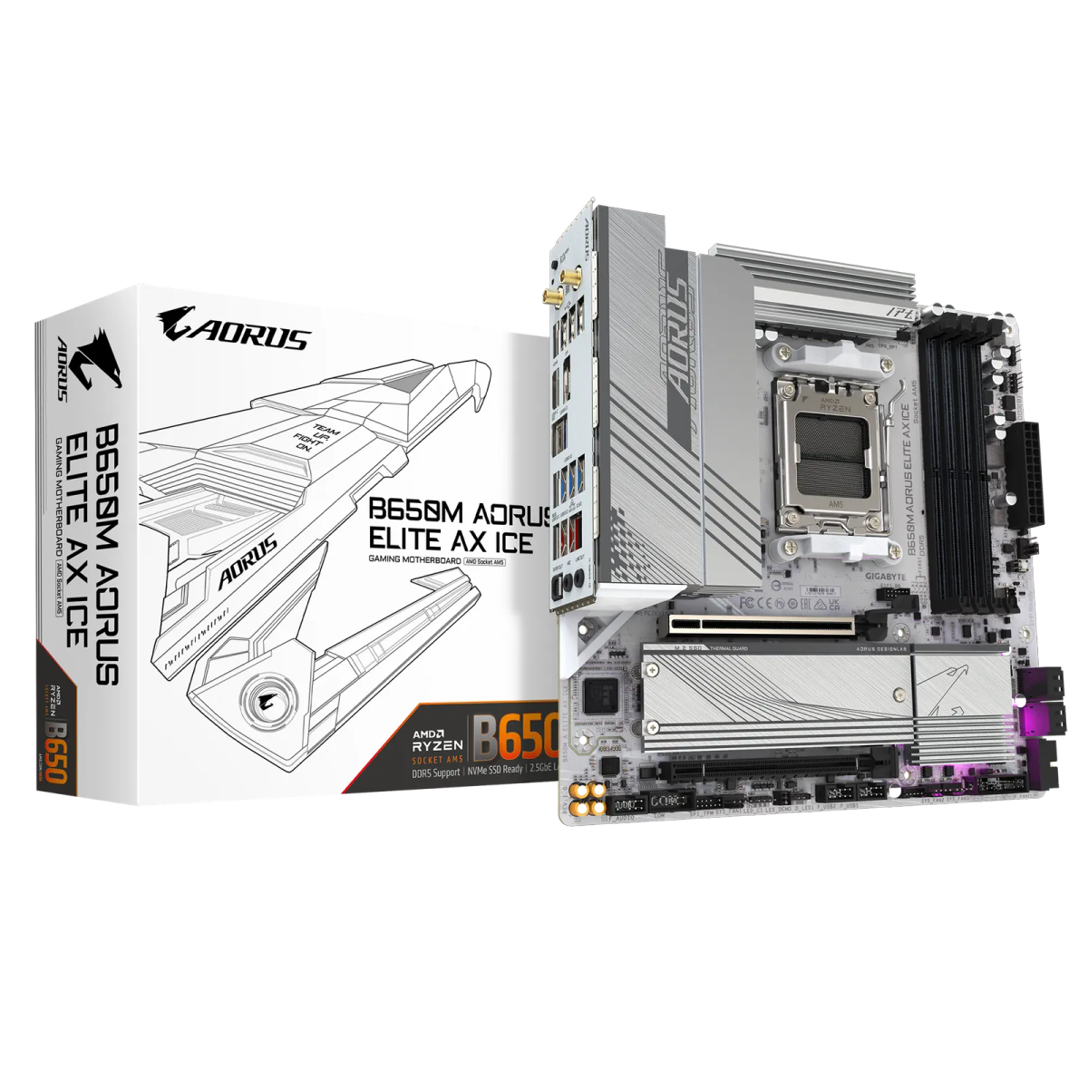 לוח אם – Gigabyte B650M AORUS ELITE AX ICE Micro-ATX AM5 DDR5 – צבע לבן