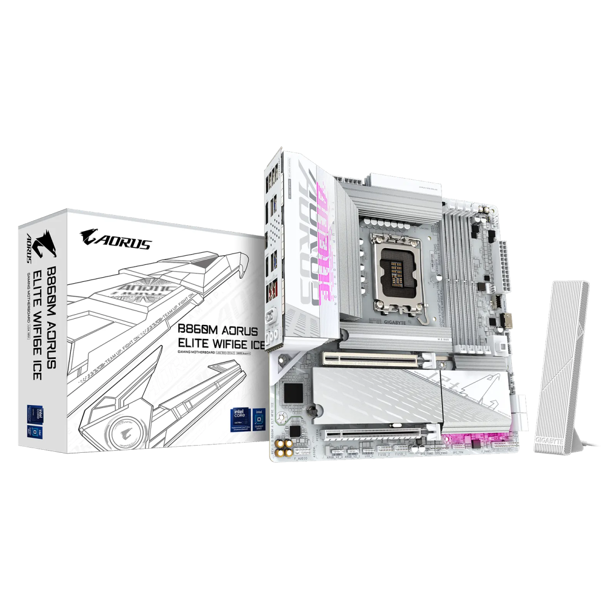 לוח אם – Gigabyte B860M AORUS ELITE WIFI6E ICE Micro-ATX LGA1851 DDR5 – צבע לבן